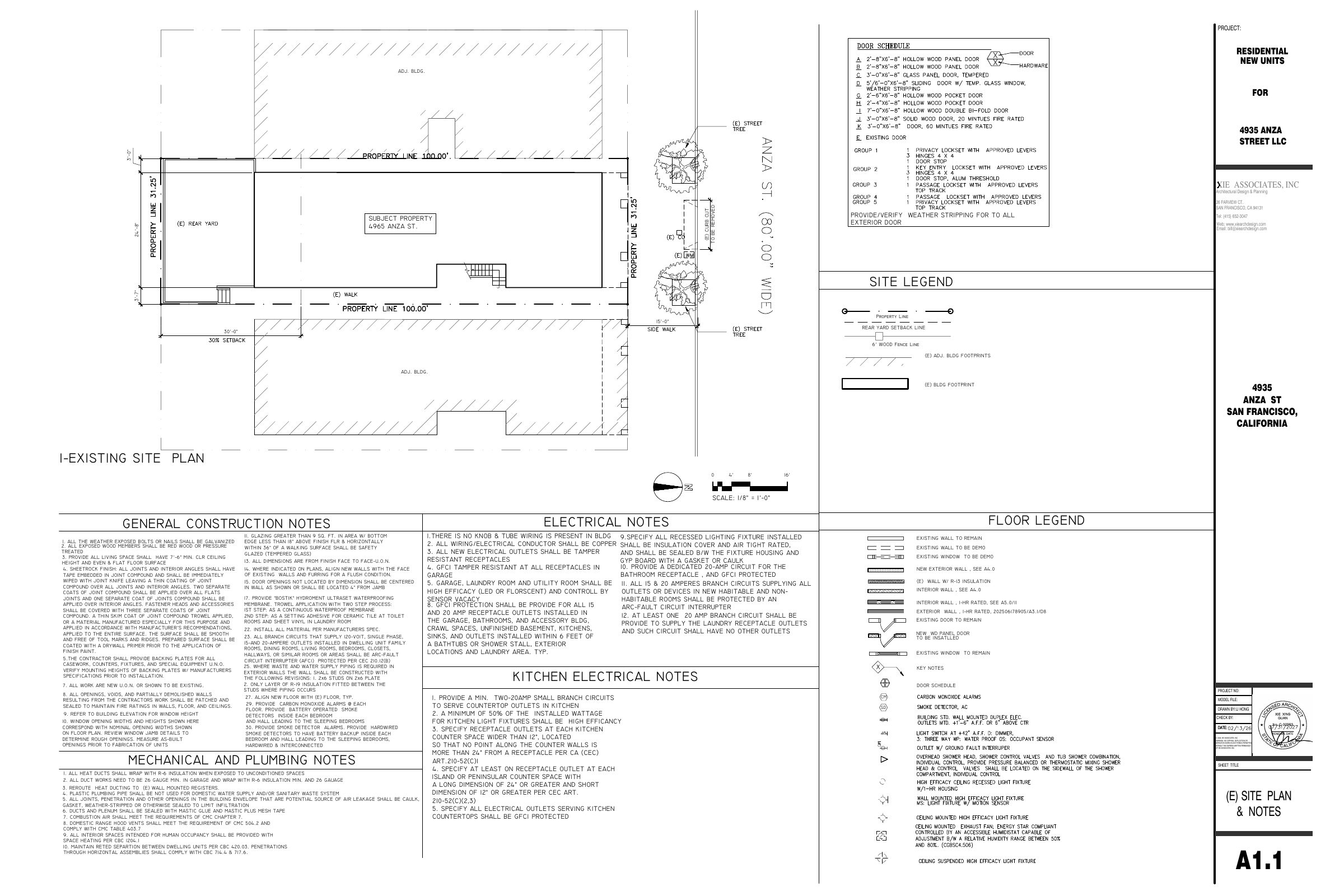 A1.1 EXISTING SITE PLAN, NOTES